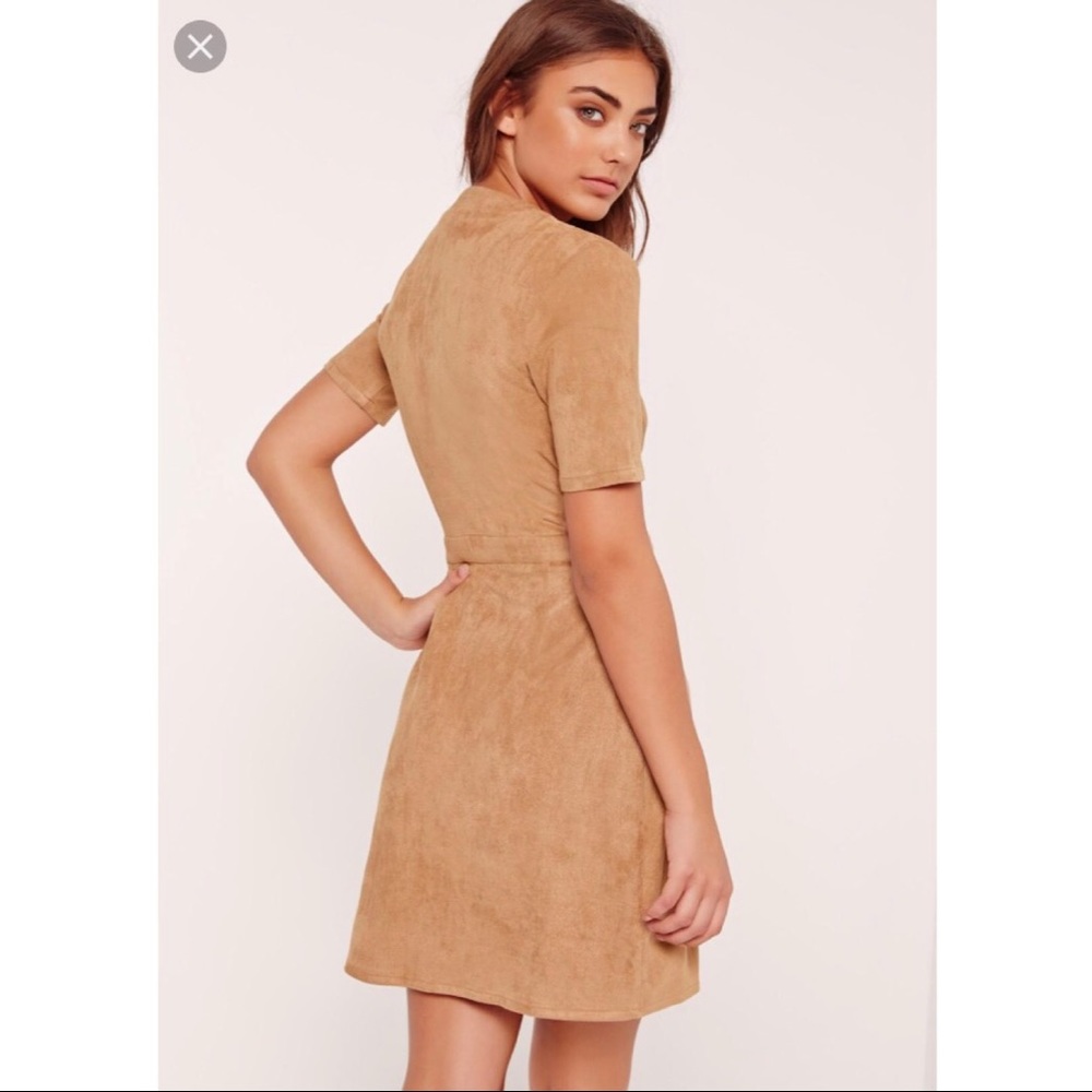 Missguided Fit & Flare Suede Wrap Camel Dress US 4 - Picture 2 of 7